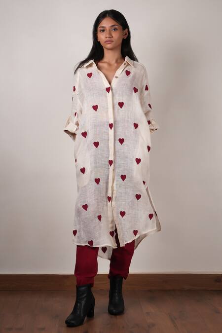 Mati_Off White Cotton, Linen Embroidery Collared, Round Hand Long Shirt Pant Set _Online_at_Aza_Fashions