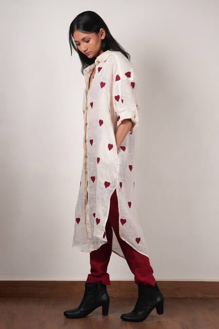 Shop_Mati_Off White Cotton, Linen Embroidery Collared, Round Hand Long Shirt Pant Set _Online_at_Aza_Fashions