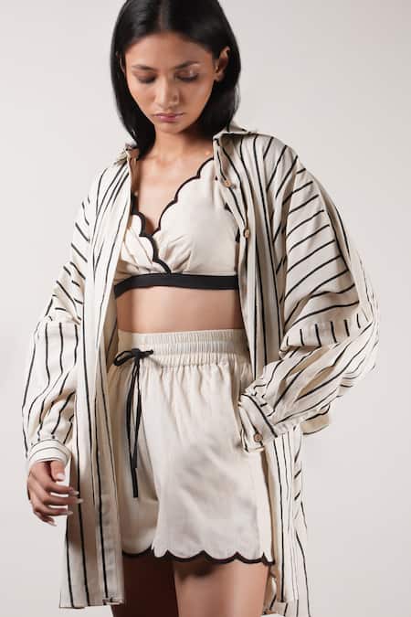 MATI_Off White Cotton Collared, Scoop Neck Stripe Print Shirt With Shorts Set _Online_at_Aza_Fashions