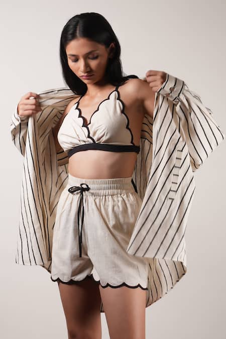 Buy_MATI_Off White Cotton Collared, Scoop Neck Stripe Print Shirt With Shorts Set _Online_at_Aza_Fashions