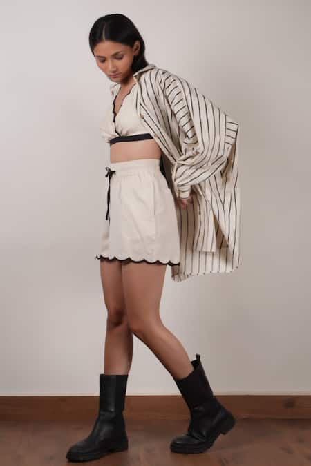 Shop_MATI_Off White Cotton Collared, Scoop Neck Stripe Print Shirt With Shorts Set _Online_at_Aza_Fashions