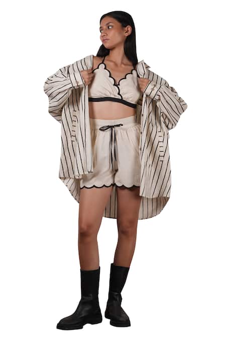 MATI_Off White Cotton Collared, Scoop Neck Stripe Print Shirt With Shorts Set _at_Aza_Fashions
