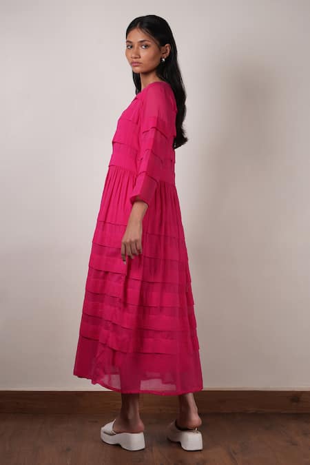MATI_1_Pink Cotton Round Neck Pleat Detailed Midi Dress _Online_at_Aza_Fashions