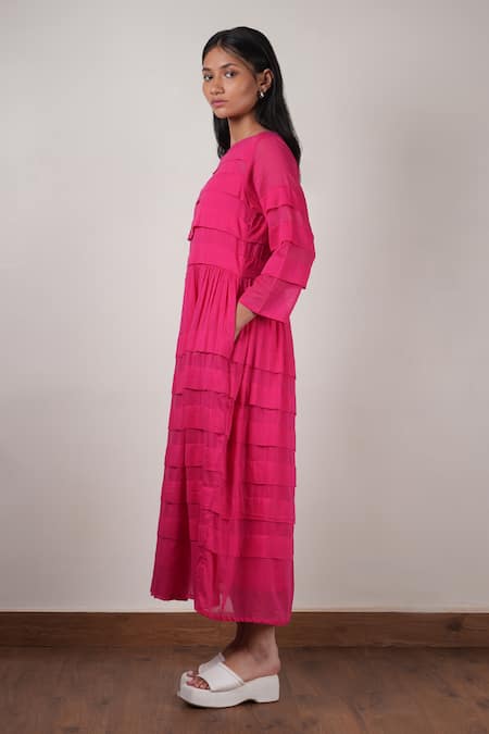 Buy_MATI_1_Pink Cotton Round Neck Pleat Detailed Midi Dress _Online_at_Aza_Fashions