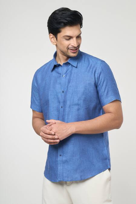 Aryavir Malhotra Blue Linen Solid Shirt Online at Aza Fashions Aryavir Malhotra_Blue Linen Solid Shirt _Online_at_Aza_Fashions
