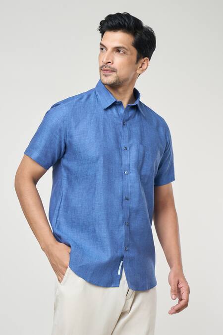 Buy Aryavir Malhotra Blue Linen Solid Shirt Online at Aza Fashions Buy_Aryavir Malhotra_Blue Linen Solid Shirt _Online_at_Aza_Fashions