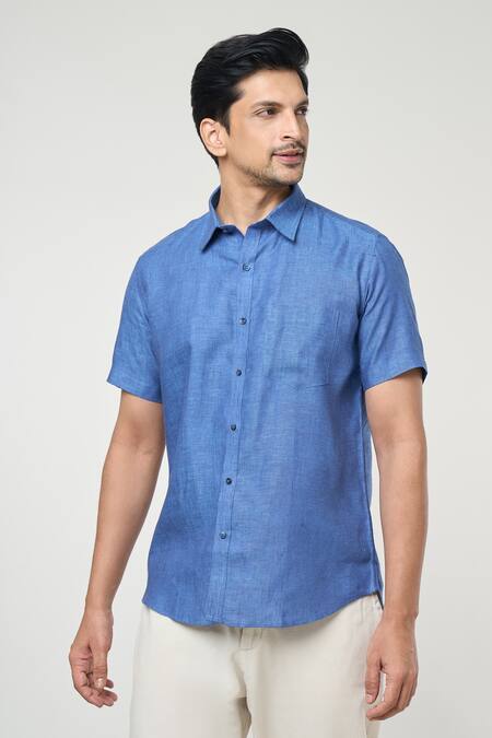 Shop Aryavir Malhotra Blue Linen Solid Shirt Online at Aza Fashions Shop_Aryavir Malhotra_Blue Linen Solid Shirt _Online_at_Aza_Fashions