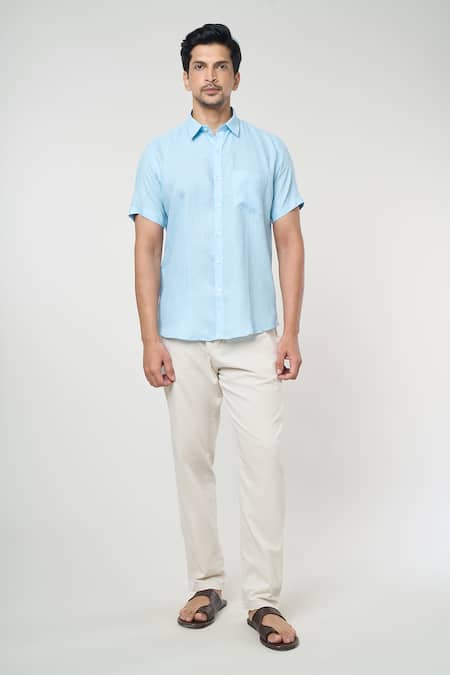 Aryavir Malhotra Blue Linen Plain Shirt 