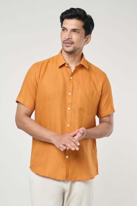 Aryavir Malhotra_Orange Linen Plain Half Sleeves Shirt _Online_at_Aza_Fashions
