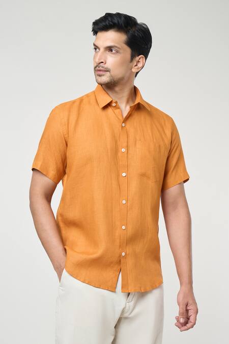Buy_Aryavir Malhotra_Orange Linen Plain Half Sleeves Shirt _Online_at_Aza_Fashions