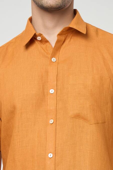 Aryavir Malhotra_Orange Linen Plain Half Sleeves Shirt _at_Aza_Fashions