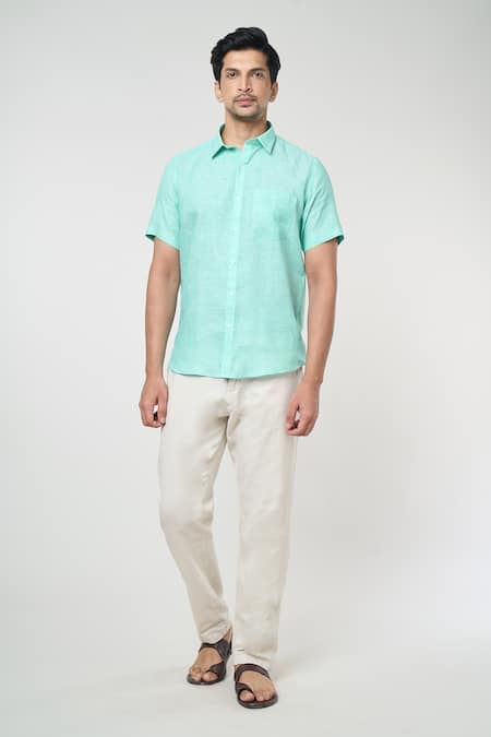 Aryavir Malhotra Green Linen Solid Half Sleeves Shirt