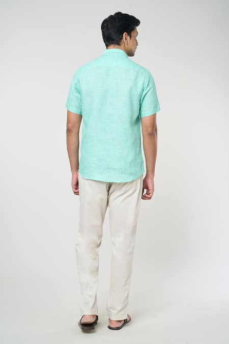 Shop Aryavir Malhotra Green Linen Solid Half Sleeves Shirt at Aza Fashions Shop_Aryavir Malhotra_Green Linen Solid Half Sleeves Shirt _at_Aza_Fashions