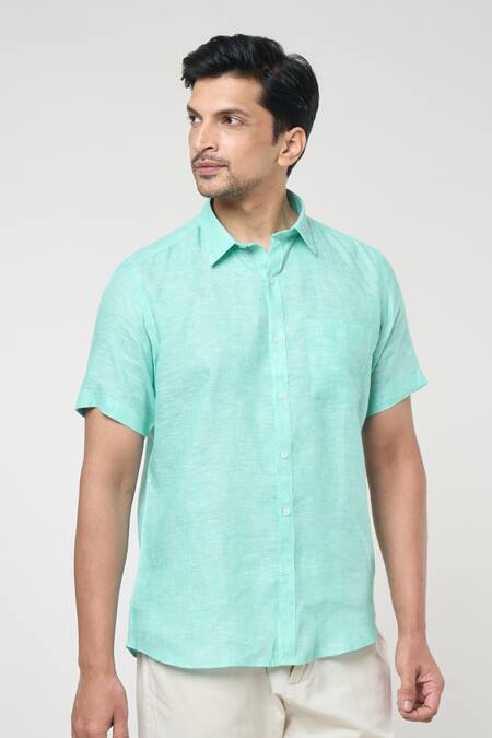 Aryavir Malhotra Green Linen Solid Half Sleeves Shirt Online at Aza Fashions Aryavir Malhotra_Green Linen Solid Half Sleeves Shirt _Online_at_Aza_Fashions