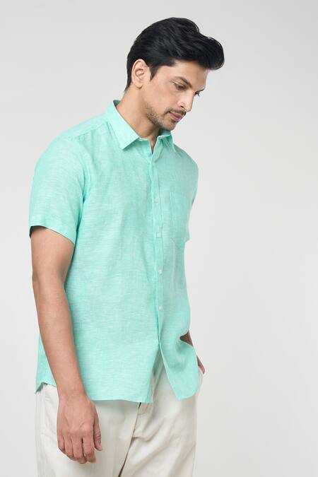 Buy Aryavir Malhotra Green Linen Solid Half Sleeves Shirt Online at Aza Fashions Buy_Aryavir Malhotra_Green Linen Solid Half Sleeves Shirt _Online_at_Aza_Fashions