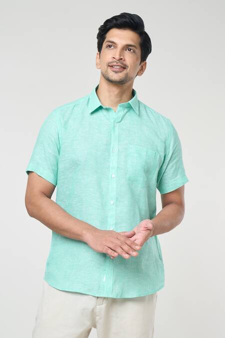 Shop Aryavir Malhotra Green Linen Solid Half Sleeves Shirt Online at Aza Fashions Shop_Aryavir Malhotra_Green Linen Solid Half Sleeves Shirt _Online_at_Aza_Fashions