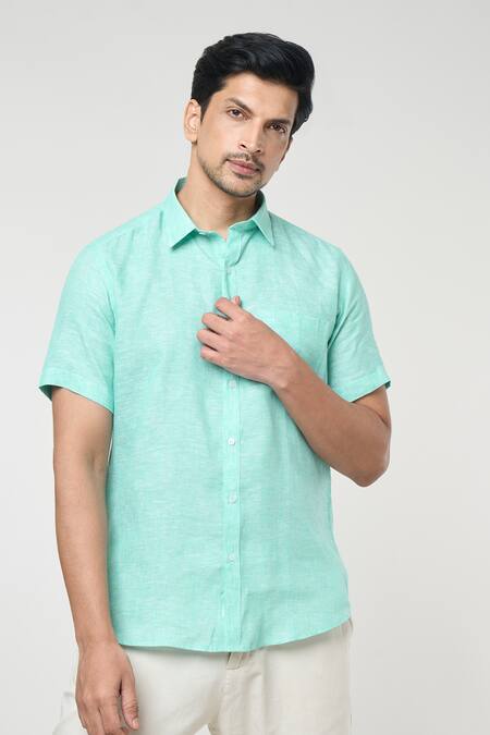 Aryavir Malhotra Green Linen Solid Half Sleeves Shirt at Aza Fashions Aryavir Malhotra_Green Linen Solid Half Sleeves Shirt _at_Aza_Fashions