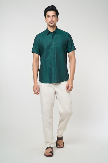 Buy Green Linen Solid Half Sleeves Shirt For Men by Arihant Rai Sinha Online at Aza Fashions