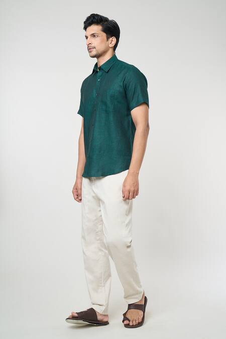 Aryavir Malhotra_Green Linen Solid Half Sleeves Shirt _Online_at_Aza_Fashions