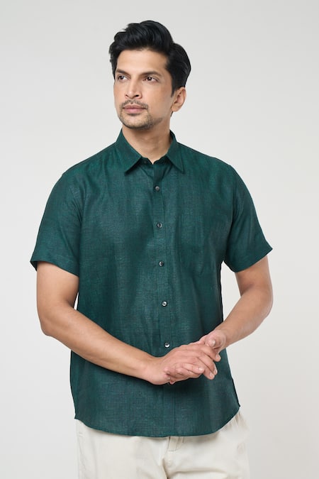 Buy_Aryavir Malhotra_Green Linen Solid Half Sleeves Shirt _Online_at_Aza_Fashions