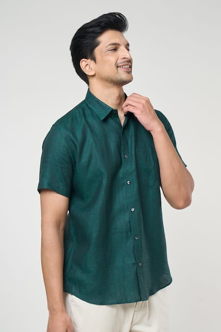 Shop_Aryavir Malhotra_Green Linen Solid Half Sleeves Shirt _Online_at_Aza_Fashions