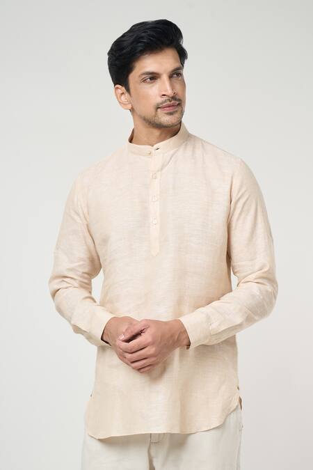 Arihant Rai Sinha Beige Linen Solid Short Kurta Online at Aza Fashions Arihant Rai Sinha_Beige Linen Solid Short Kurta _Online_at_Aza_Fashions