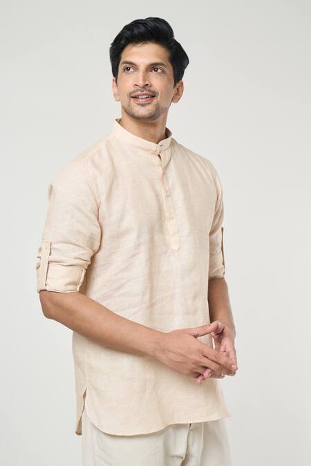 Shop Arihant Rai Sinha Beige Linen Solid Short Kurta Online at Aza Fashions Shop_Arihant Rai Sinha_Beige Linen Solid Short Kurta _Online_at_Aza_Fashions