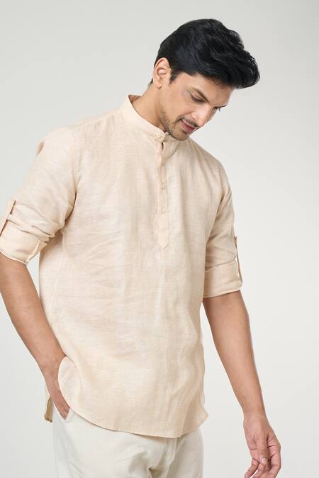 Arihant Rai Sinha Beige Linen Solid Short Kurta at Aza Fashions Arihant Rai Sinha_Beige Linen Solid Short Kurta _at_Aza_Fashions