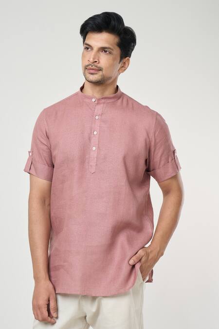 Arihant Rai Sinha Pink Linen Plain Half Sleeves Short Kurta Online at Aza Fashions Arihant Rai Sinha_Pink Linen Plain Half Sleeves Short Kurta _Online_at_Aza_Fashions