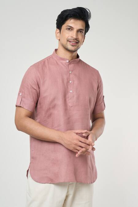 Buy Arihant Rai Sinha Pink Linen Plain Half Sleeves Short Kurta Online at Aza Fashions Buy_Arihant Rai Sinha_Pink Linen Plain Half Sleeves Short Kurta _Online_at_Aza_Fashions