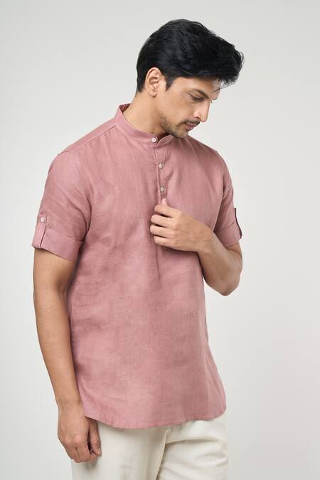 Shop Arihant Rai Sinha Pink Linen Plain Half Sleeves Short Kurta Online at Aza Fashions Shop_Arihant Rai Sinha_Pink Linen Plain Half Sleeves Short Kurta _Online_at_Aza_Fashions