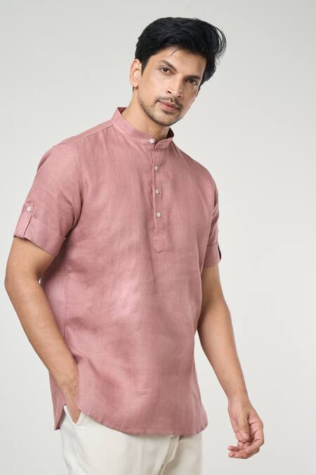Arihant Rai Sinha Pink Linen Plain Half Sleeves Short Kurta at Aza Fashions Arihant Rai Sinha_Pink Linen Plain Half Sleeves Short Kurta _at_Aza_Fashions