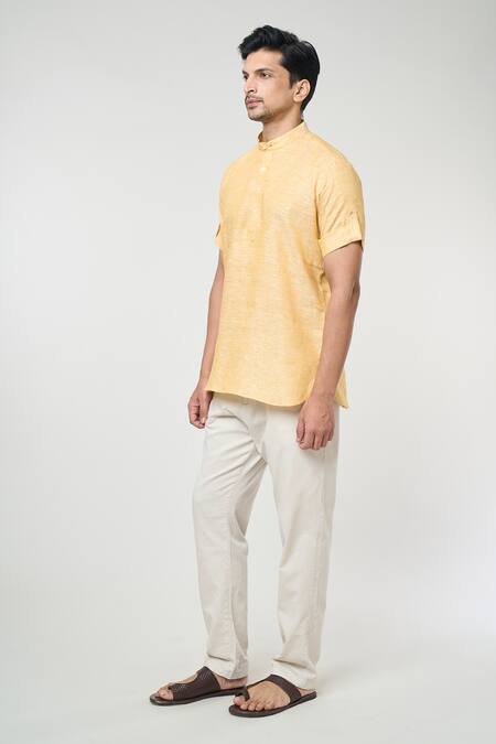 Arihant Rai Sinha Yellow Linen Plain Band Collar Short Kurta Online at Aza Fashions Arihant Rai Sinha_Yellow Linen Plain Band Collar Short Kurta _Online_at_Aza_Fashions