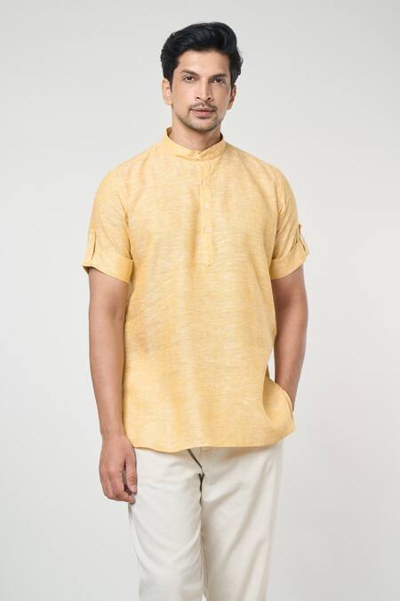 Buy Arihant Rai Sinha Yellow Linen Plain Band Collar Short Kurta Online at Aza Fashions Buy_Arihant Rai Sinha_Yellow Linen Plain Band Collar Short Kurta _Online_at_Aza_Fashions
