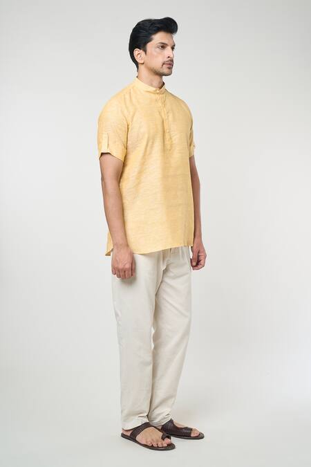 Shop Arihant Rai Sinha Yellow Linen Plain Band Collar Short Kurta Online at Aza Fashions Shop_Arihant Rai Sinha_Yellow Linen Plain Band Collar Short Kurta _Online_at_Aza_Fashions