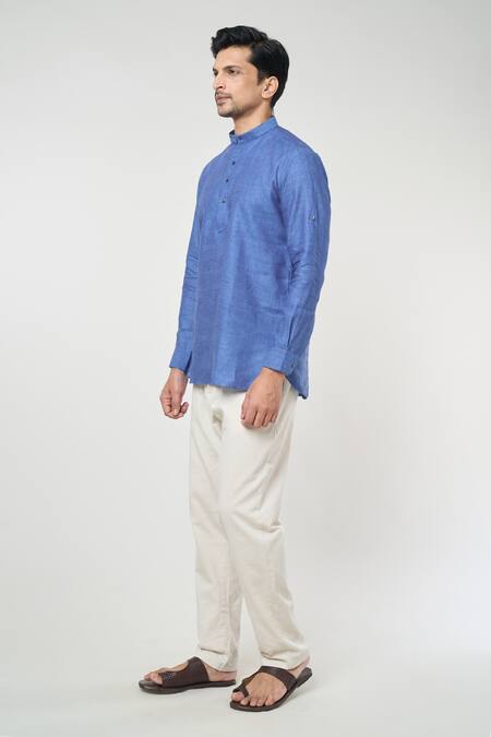 Arihant Rai Sinha_Blue Linen Full Sleeves Solid Short Kurta _Online_at_Aza_Fashions