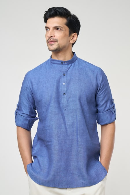 Buy_Arihant Rai Sinha_Blue Linen Full Sleeves Solid Short Kurta _Online_at_Aza_Fashions
