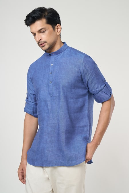 Shop_Arihant Rai Sinha_Blue Linen Full Sleeves Solid Short Kurta _Online_at_Aza_Fashions