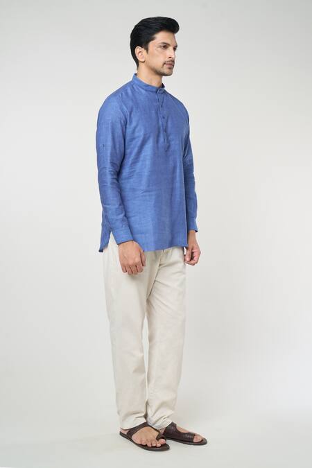Buy_Arihant Rai Sinha_Blue Linen Full Sleeves Solid Short Kurta 