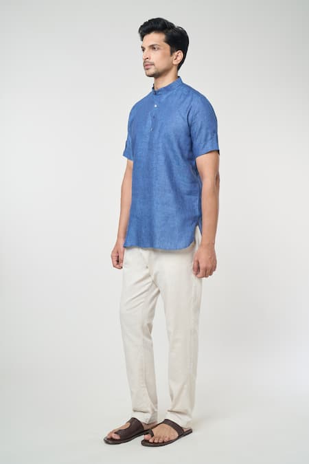 Arihant Rai Sinha_Blue Linen Solid Band Collar Short Kurta _Online_at_Aza_Fashions