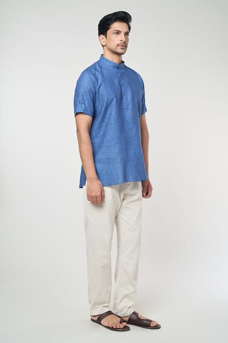 Buy_Arihant Rai Sinha_Blue Linen Solid Band Collar Short Kurta _Online_at_Aza_Fashions