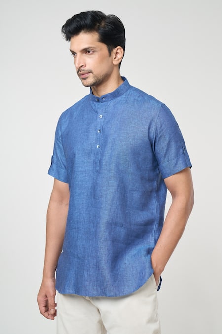 Shop_Arihant Rai Sinha_Blue Linen Solid Band Collar Short Kurta _Online_at_Aza_Fashions