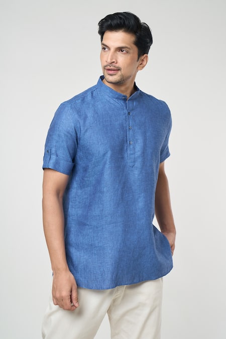 Arihant Rai Sinha_Blue Linen Solid Band Collar Short Kurta _at_Aza_Fashions