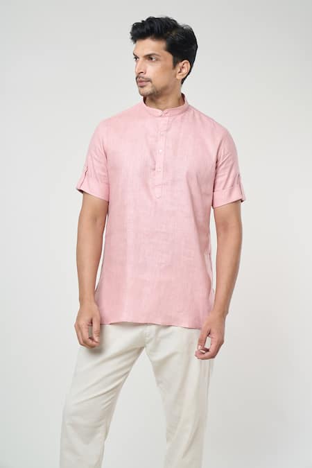 Shop_Arihant Rai Sinha_Pink Linen Short Kurta _Online_at_Aza_Fashions