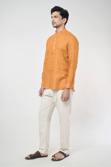 Buy_Arihant Rai Sinha_Orange Linen Full Sleeves Short Kurta _Online_at_Aza_Fashions