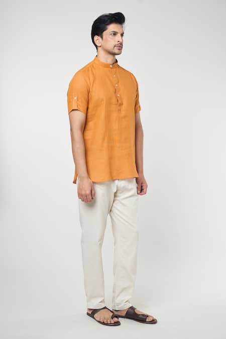 Arihant Rai Sinha_Orange Linen Mandarin Collar Short Kurta _Online_at_Aza_Fashions