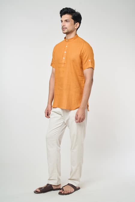 Buy_Arihant Rai Sinha_Orange Linen Mandarin Collar Short Kurta _Online_at_Aza_Fashions