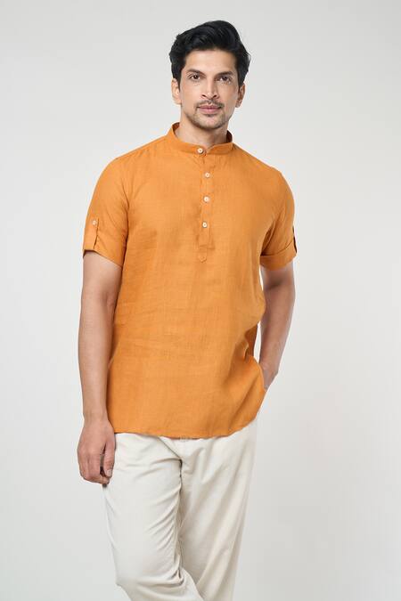 Shop_Arihant Rai Sinha_Orange Linen Mandarin Collar Short Kurta _Online_at_Aza_Fashions