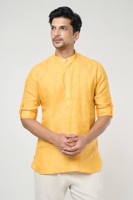 Arihant Rai Sinha Yellow Linen Plain Short Kurta Online at Aza Fashions Arihant Rai Sinha_Yellow Linen Plain Short Kurta _Online_at_Aza_Fashions