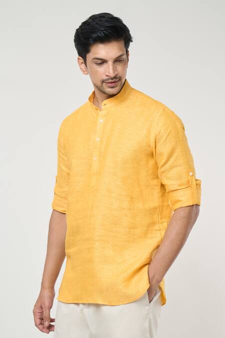 Buy Arihant Rai Sinha Yellow Linen Plain Short Kurta Online at Aza Fashions Buy_Arihant Rai Sinha_Yellow Linen Plain Short Kurta _Online_at_Aza_Fashions